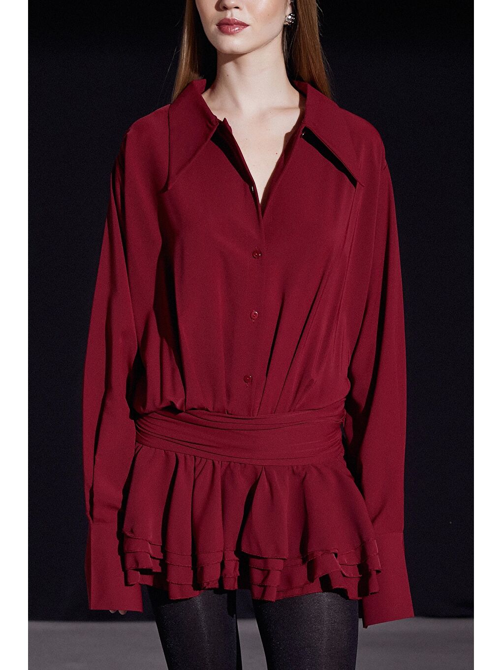 Gömlek Yaka Eteği Fırfırlı Elbise Bordo-4