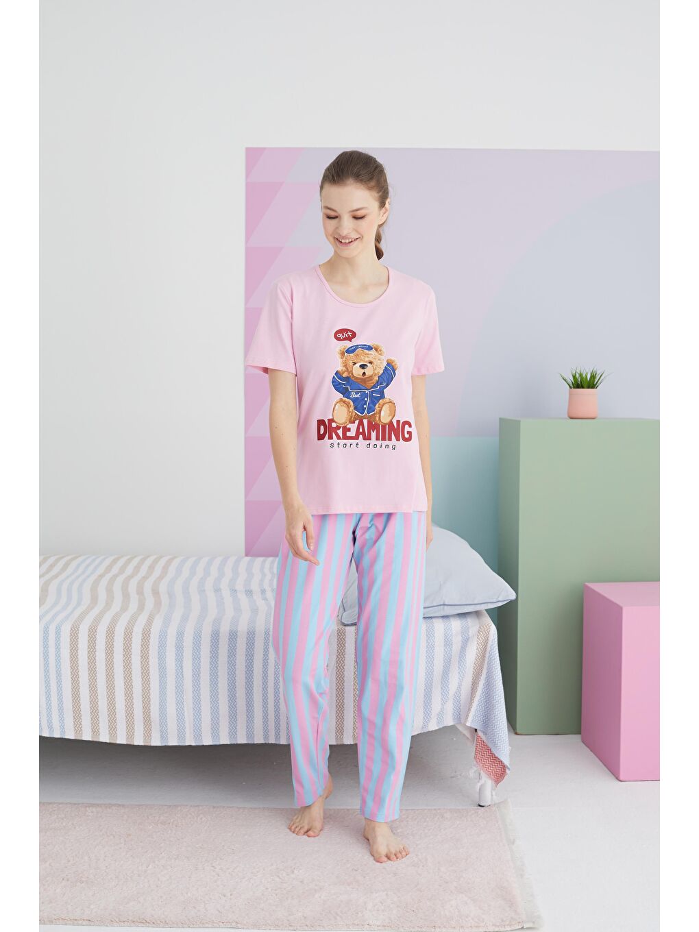 SİYAH İNCİ Pembe  Pamuklu Örme Pijama Takım