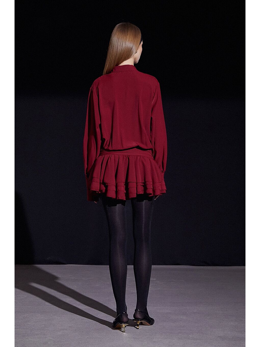 Gömlek Yaka Eteği Fırfırlı Elbise Bordo-5