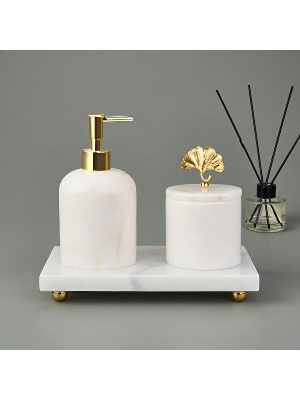 Bath 3'lü Mermer Banyo Seti - Beyaz / Gold-1