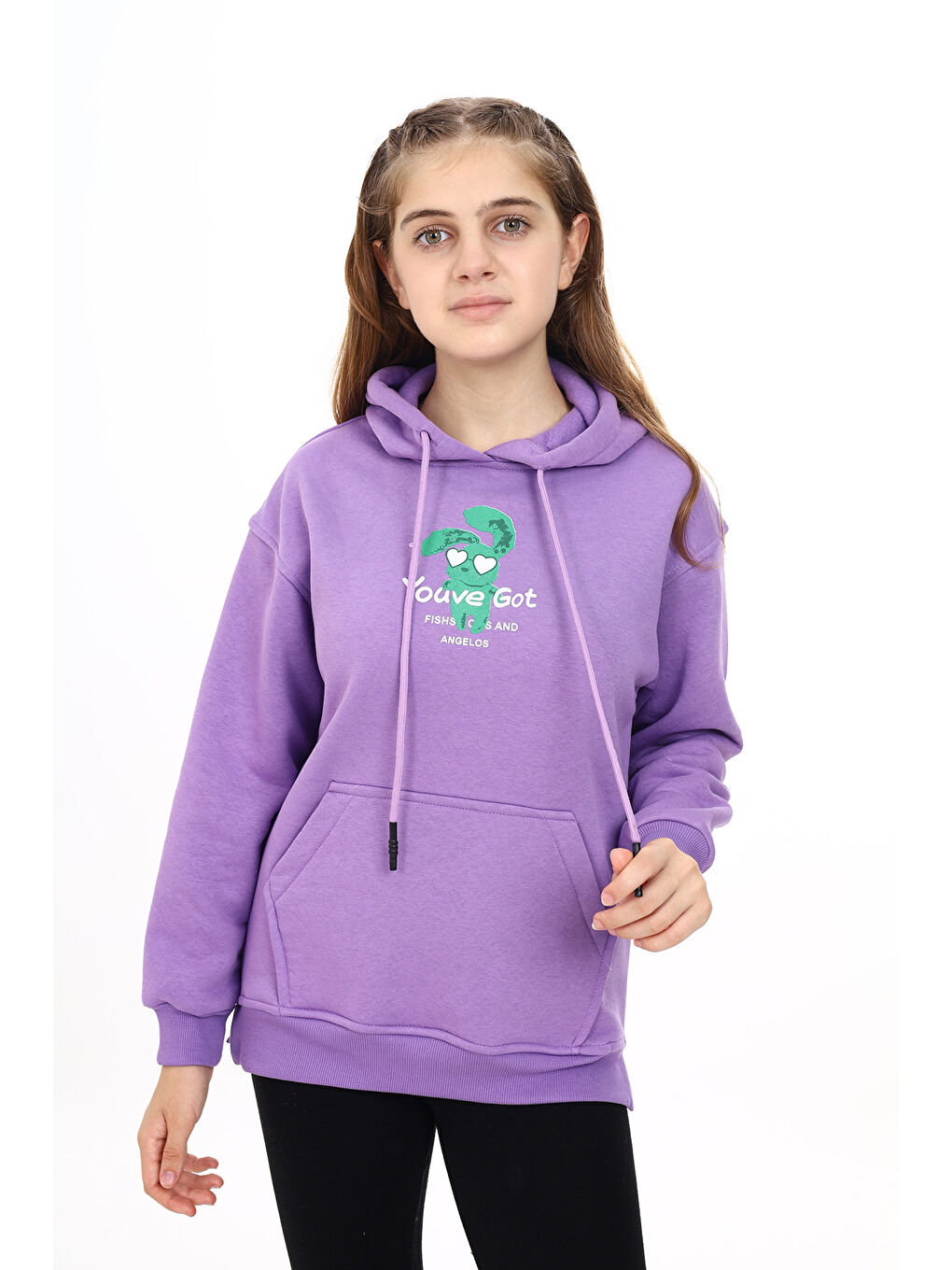 angelos Mor Kız Çocuk Tavşan Baskılı Kapüşonlu Sweatshirt Px872 4