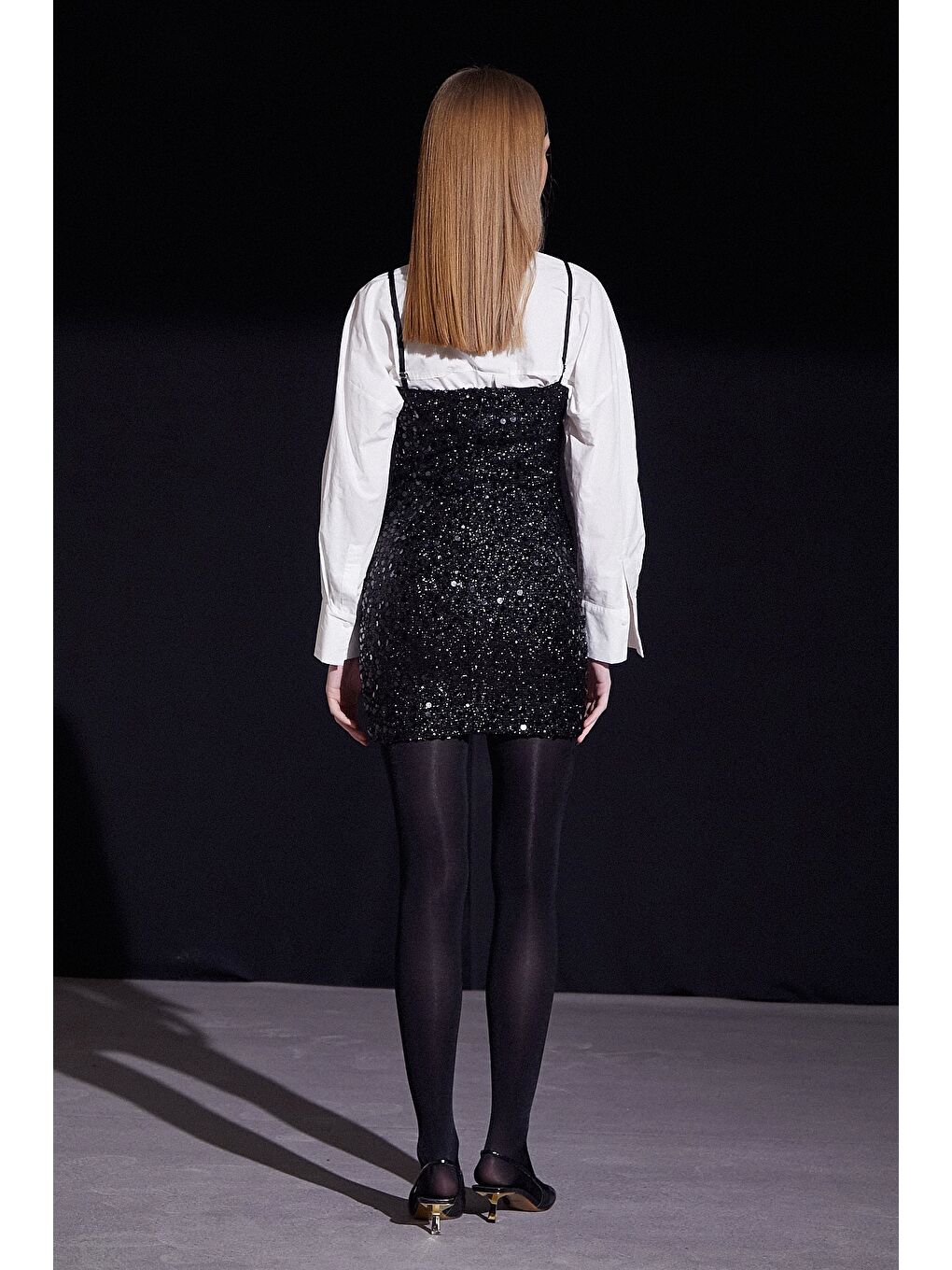 Askılı Pul Elbise Siyah-5