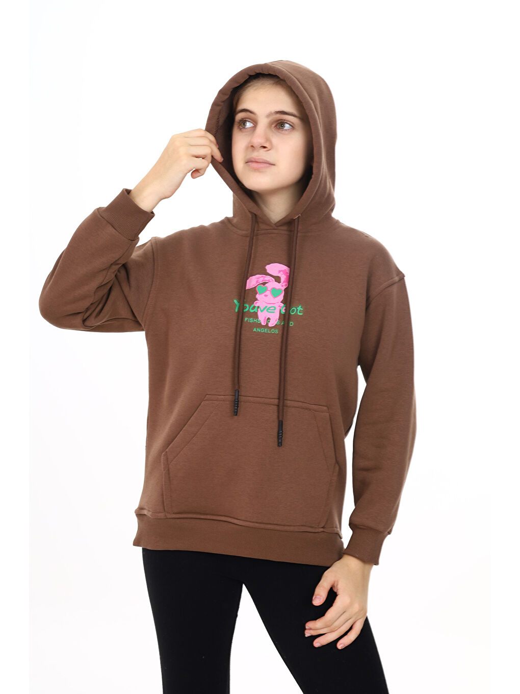 angelos Kahverengi Kız Çocuk Tavşan Baskılı Kapüşonlu Sweatshirt Px872 2