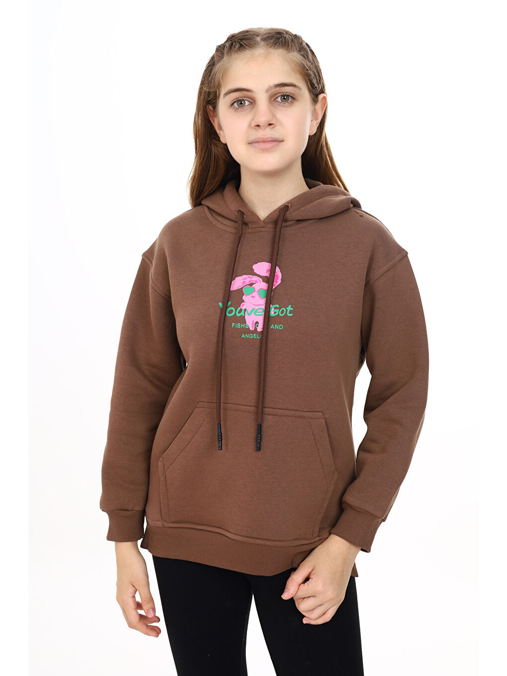 angelos Kahverengi Kız Çocuk Tavşan Baskılı Kapüşonlu Sweatshirt Px872 2 - 1