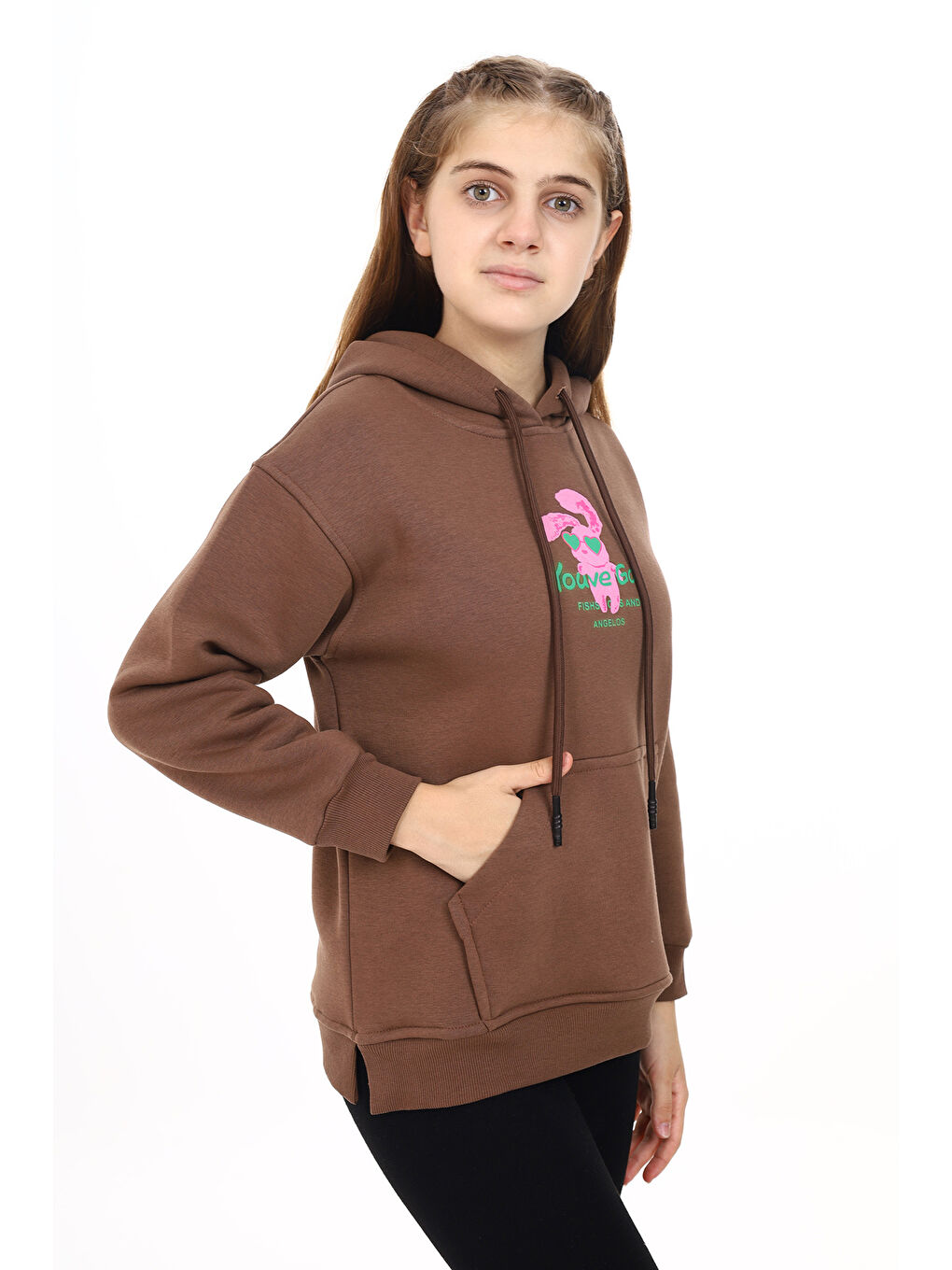 angelos Kahverengi Kız Çocuk Tavşan Baskılı Kapüşonlu Sweatshirt Px872 2 - 2