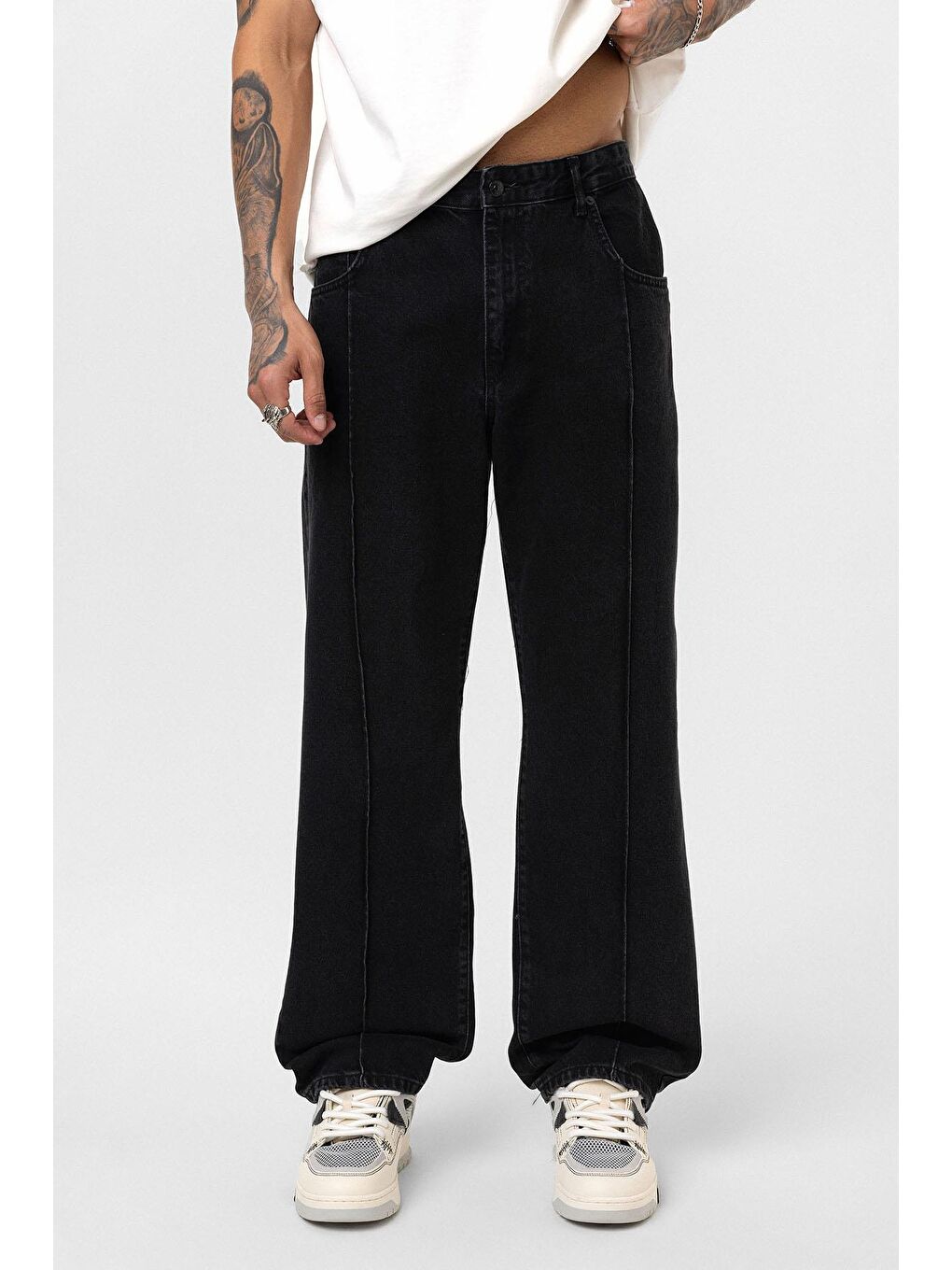 Dikiş Detaylı Relaxed Fit Jean Siyah-2