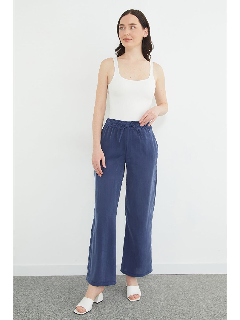 Lacivert Beli Lastikli Cepli Palazzo Pantolon-1