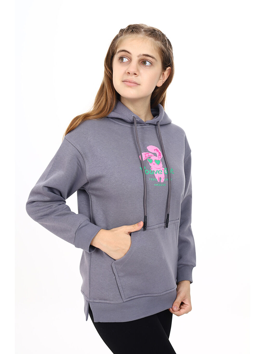 angelos Gri Kız Çocuk Tavşan Baskılı Kapüşonlu Sweatshirt Px872 1 - 2