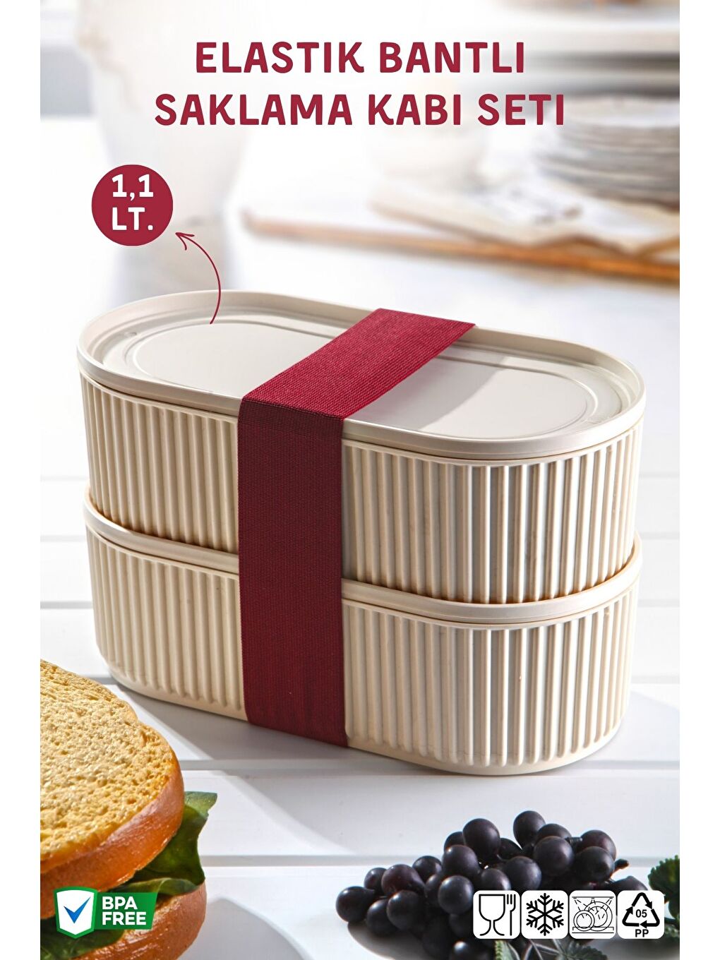 Bej 2 Li Set Elastik Bantlı Çok Amaçlı Saklama Kabı Seti 1100Ml