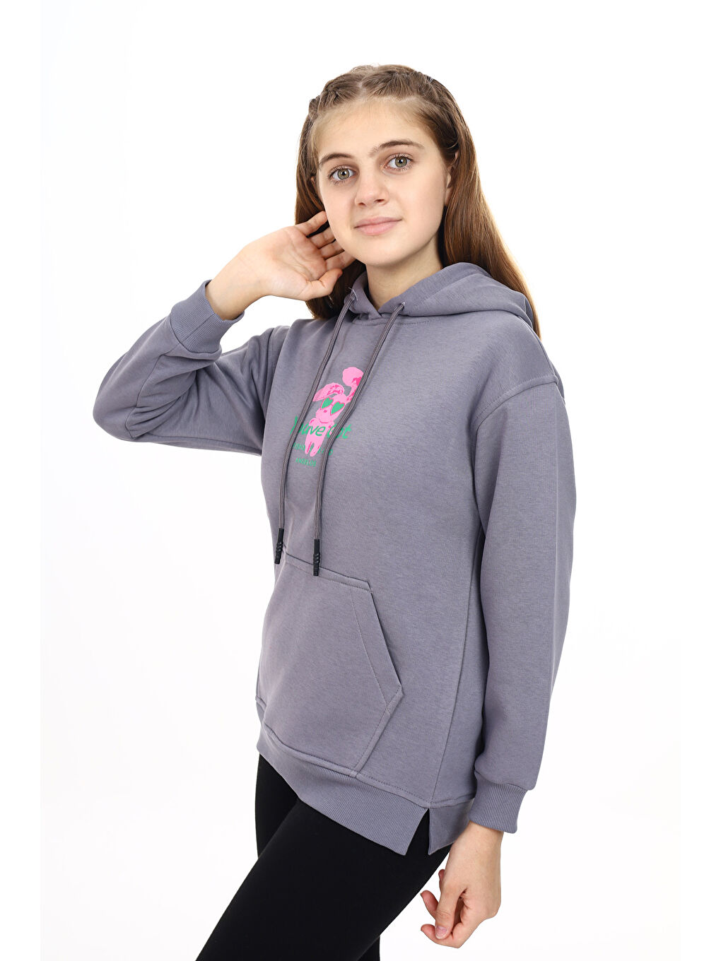 angelos Gri Kız Çocuk Tavşan Baskılı Kapüşonlu Sweatshirt Px872 1 - 3