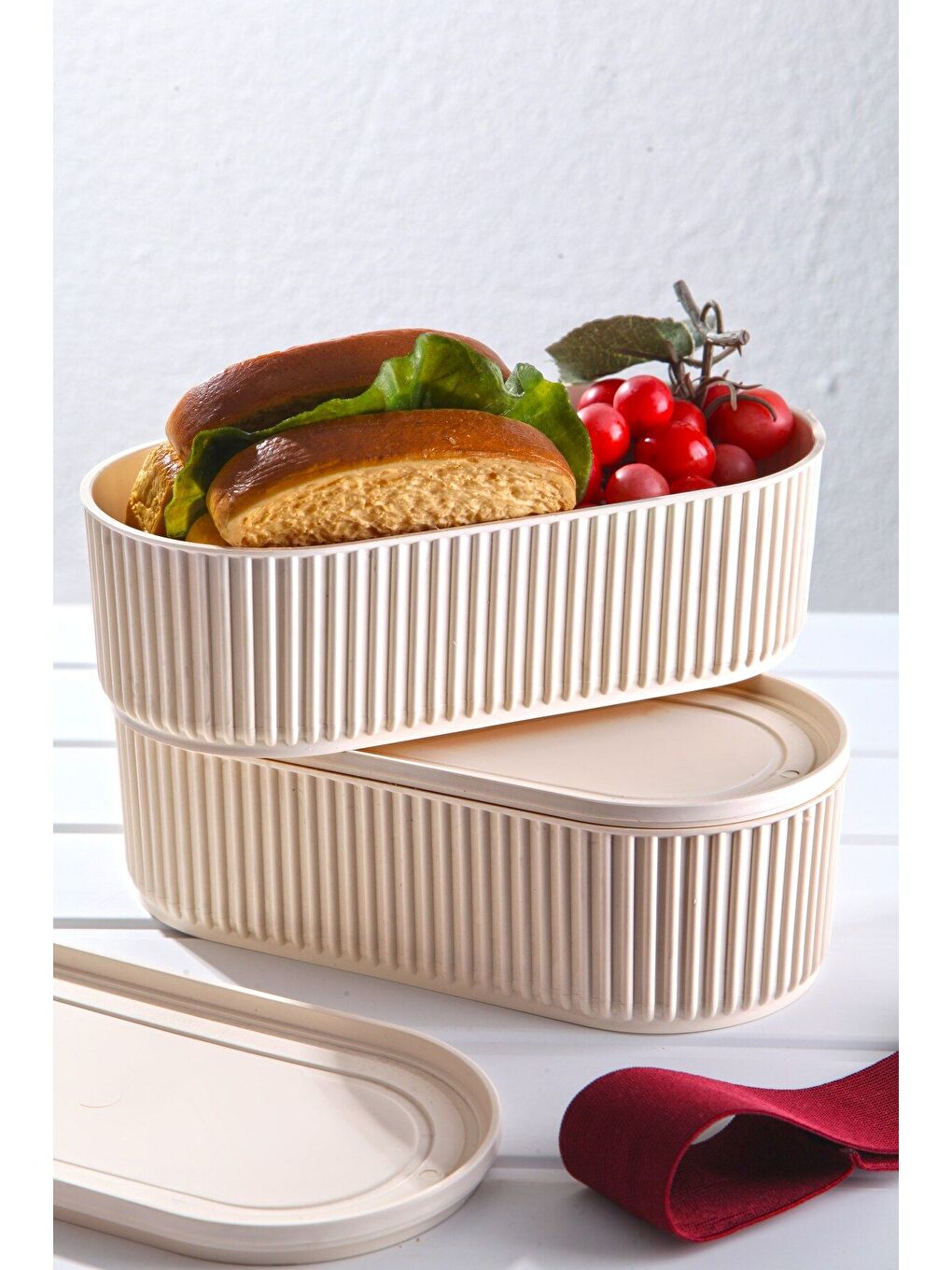 Bej 2 Li Set Elastik Bantlı Çok Amaçlı Saklama Kabı Seti 1100Ml-1