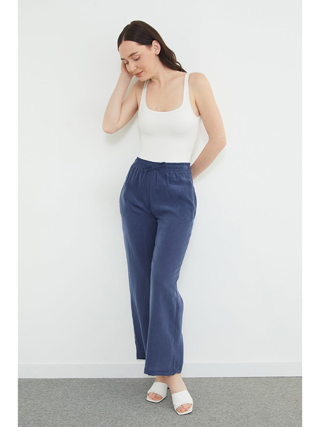 Lacivert Beli Lastikli Cepli Palazzo Pantolon-3