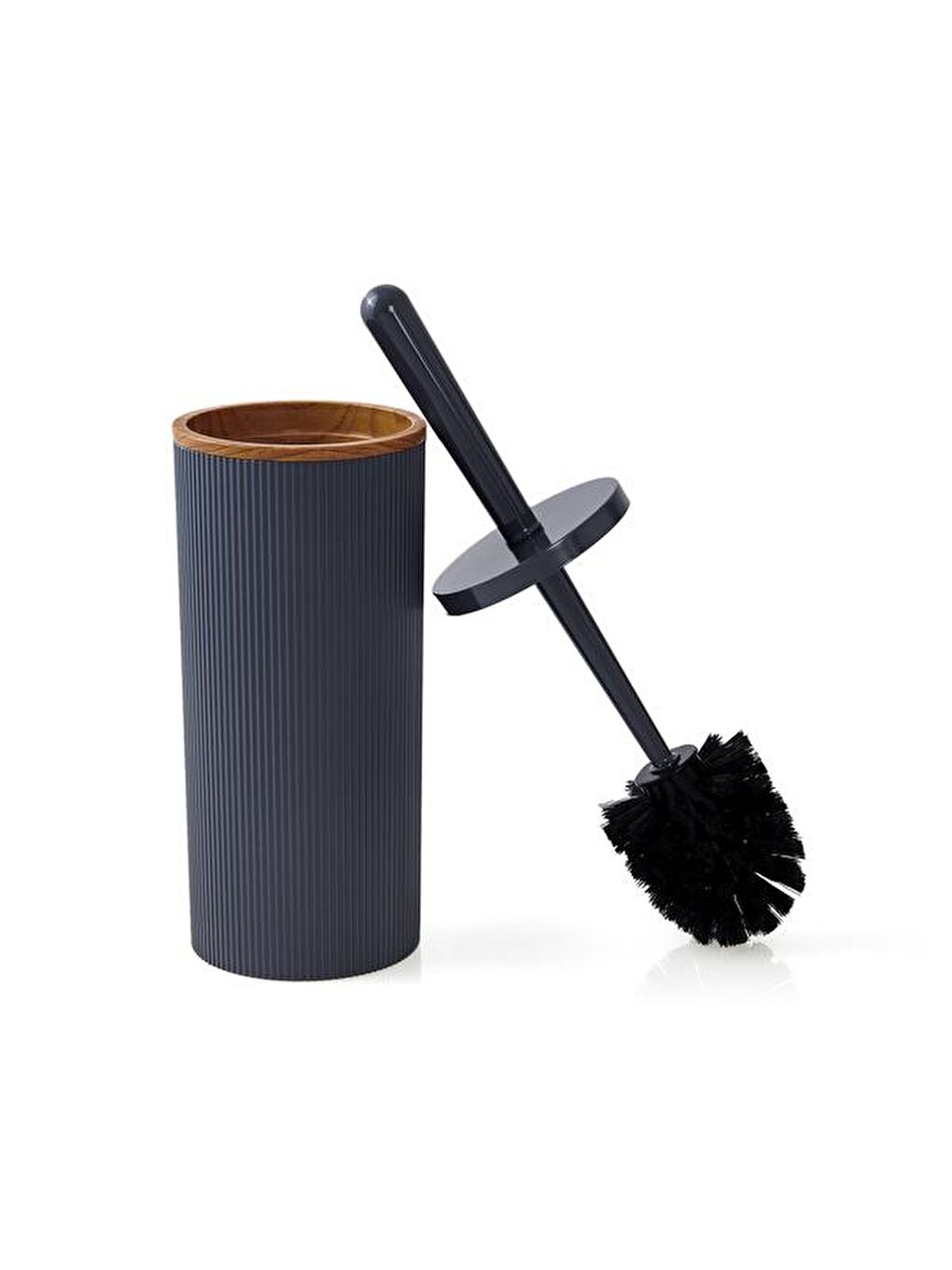 Ahşap Desenli Çizgili Yuvarlak 2'li Banyo Aksesuar Seti - Antrasit-2