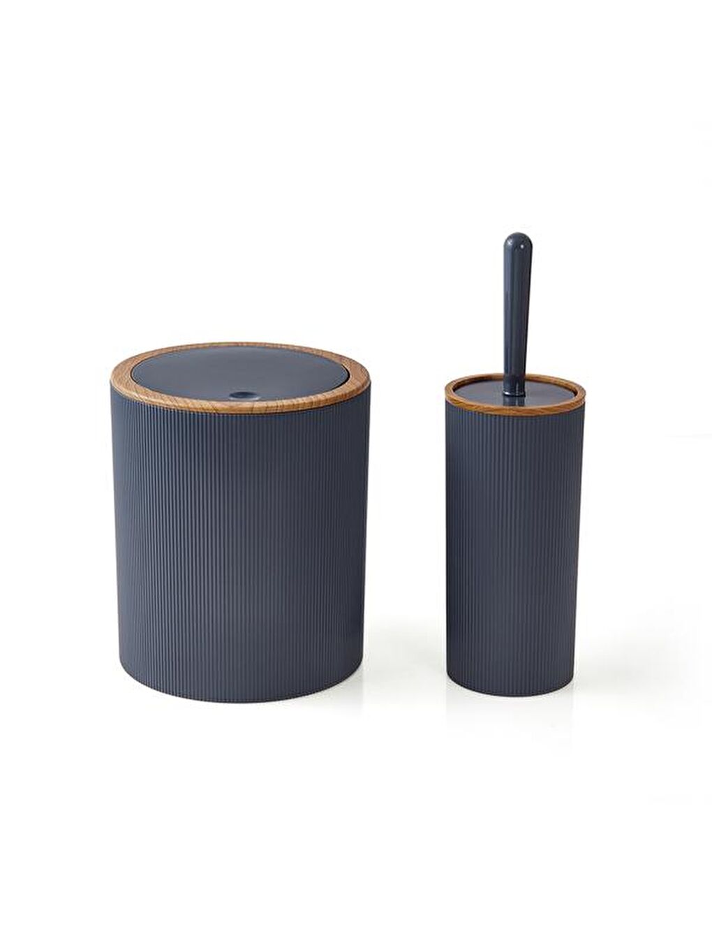 Ahşap Desenli Çizgili Yuvarlak 2'li Banyo Aksesuar Seti - Antrasit-4