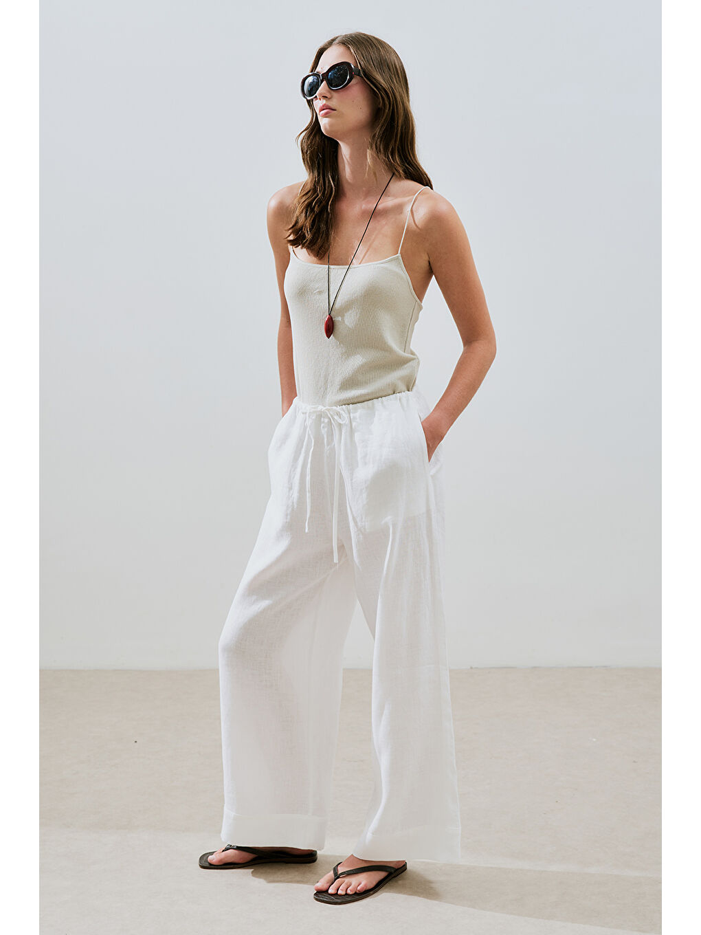 Keten Bağlamalı Pantolon Ekru-4