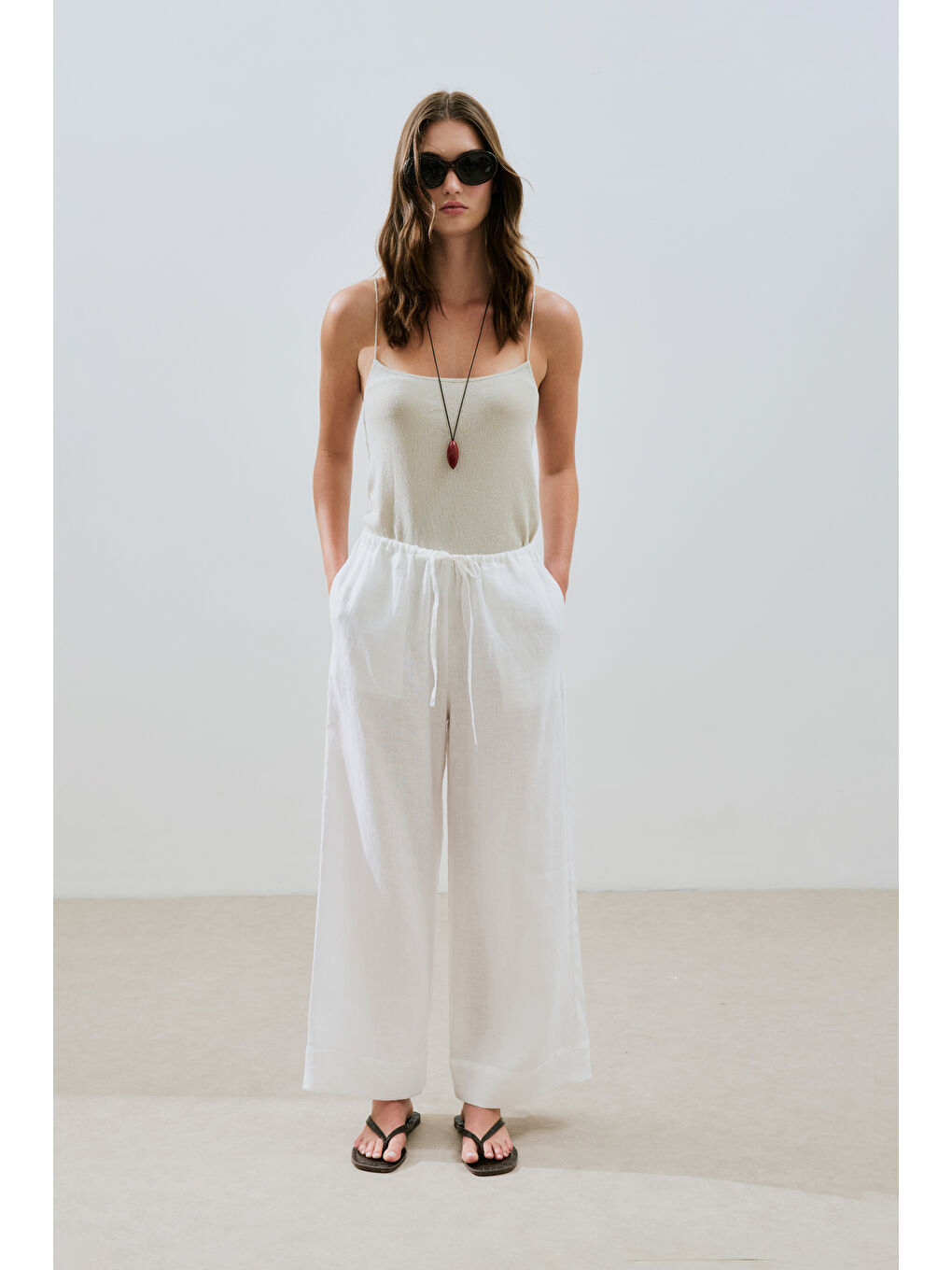 Keten Bağlamalı Pantolon Ekru-5