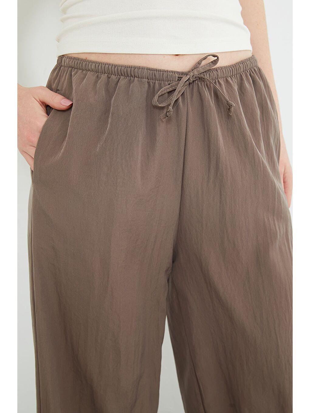 Bej Beli Lastikli Bağcıklı Palazzo Pantolon-4