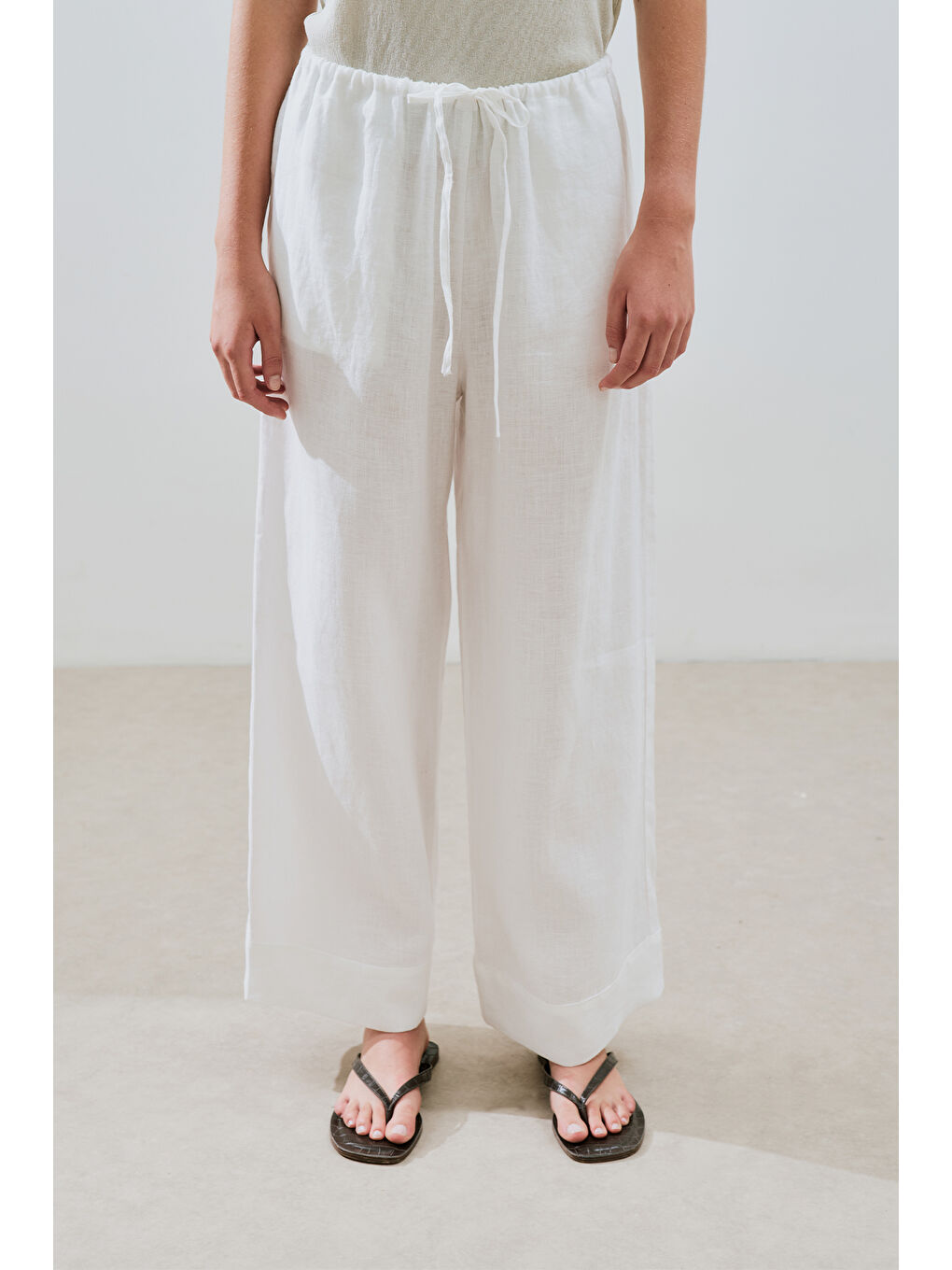 Keten Bağlamalı Pantolon Ekru-6