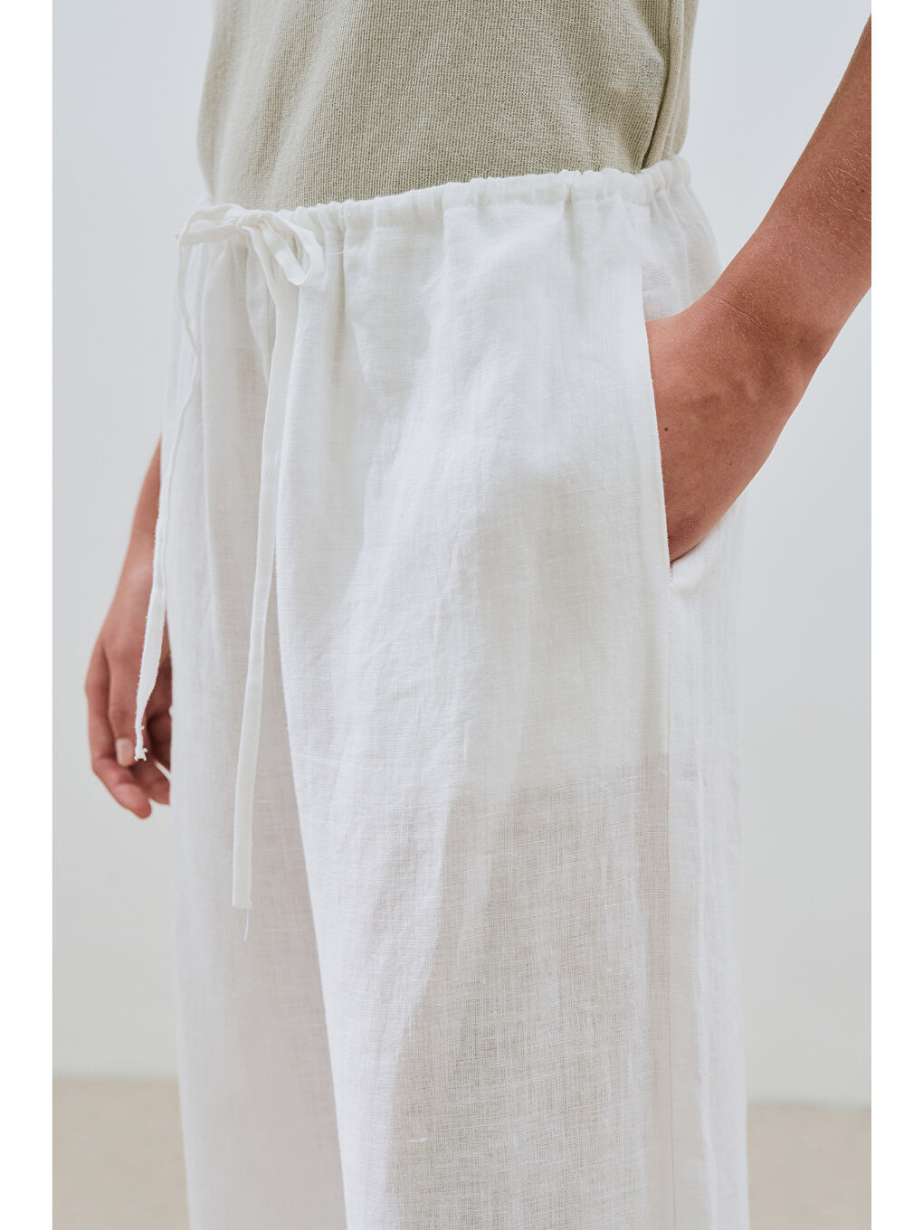 Keten Bağlamalı Pantolon Ekru-7