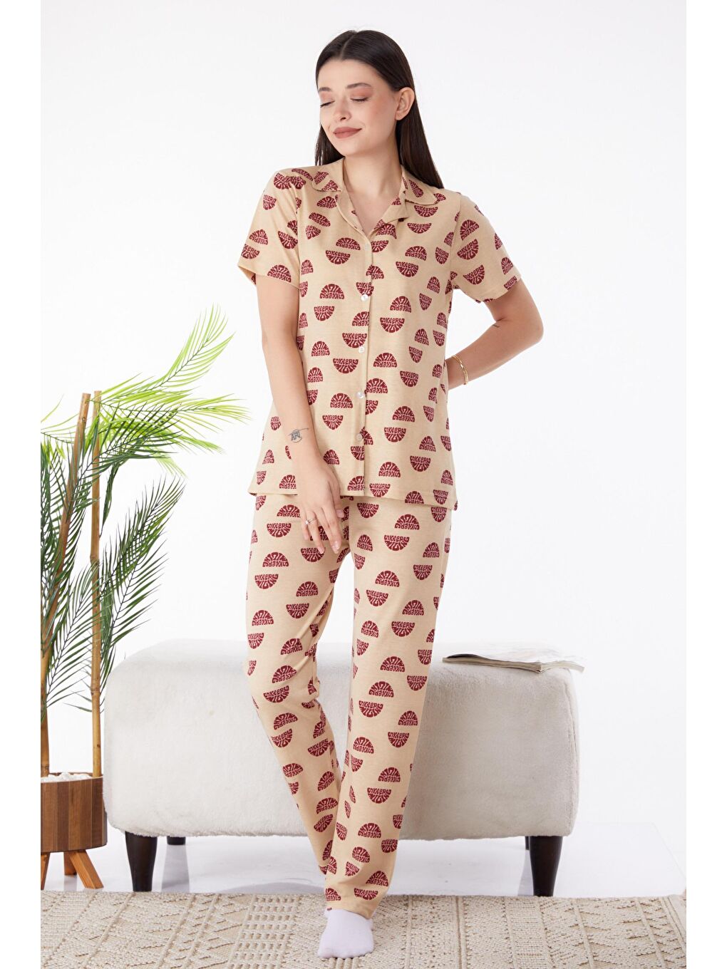 TOFİSA Bej Düz Gömlek Yaka Kadın Bej Pijama Takımı - 25270 - 1