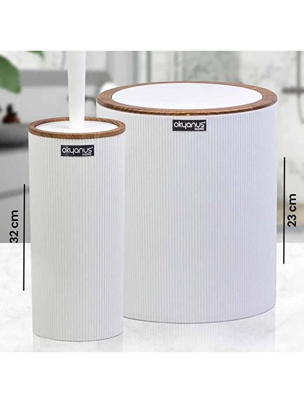 Ahşap Desenli Çizgili Yuvarlak 2'li Banyo Aksesuar Seti - Beyaz-1