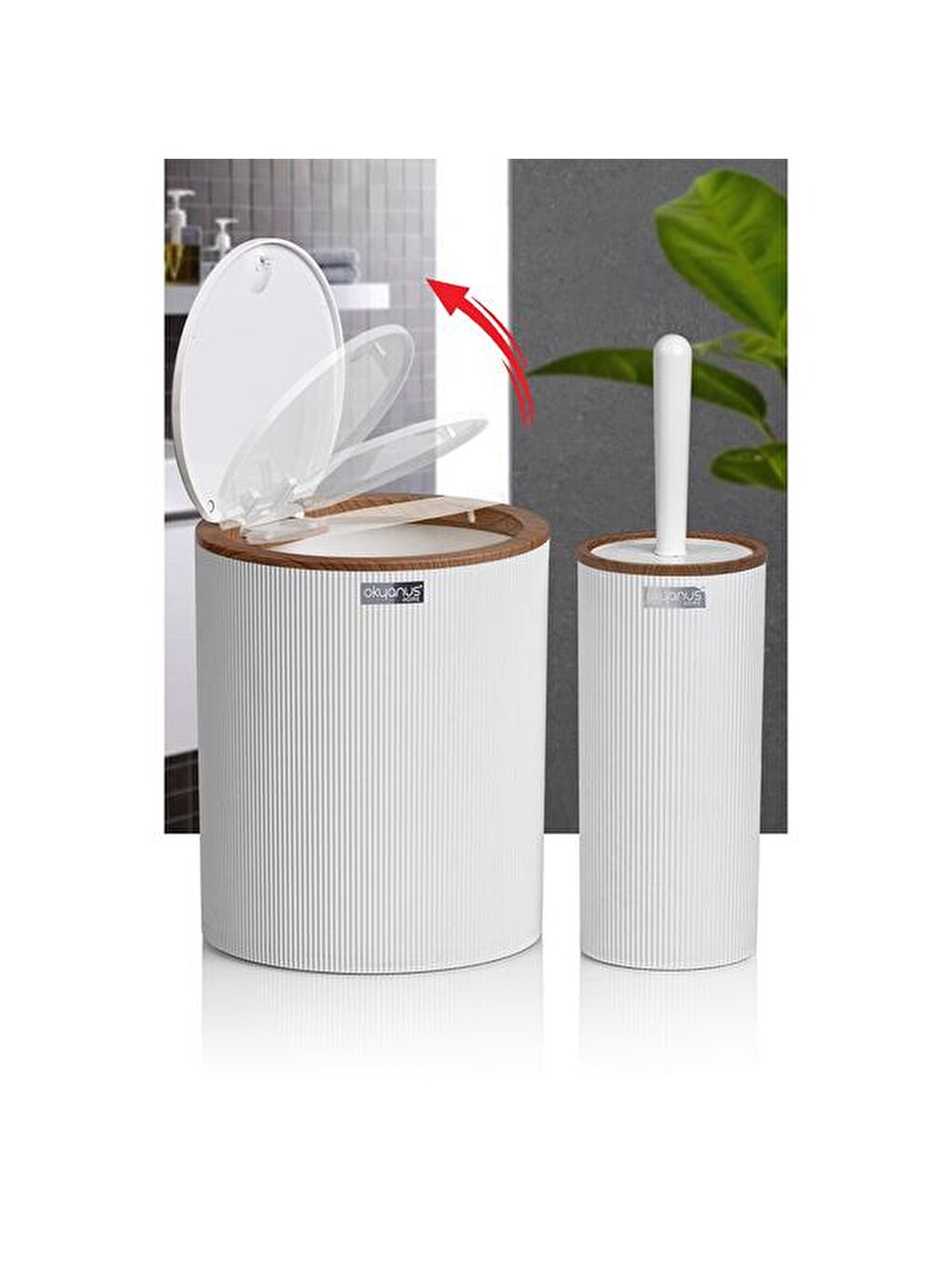 Ahşap Desenli Çizgili Yuvarlak 2'li Banyo Aksesuar Seti - Beyaz-4