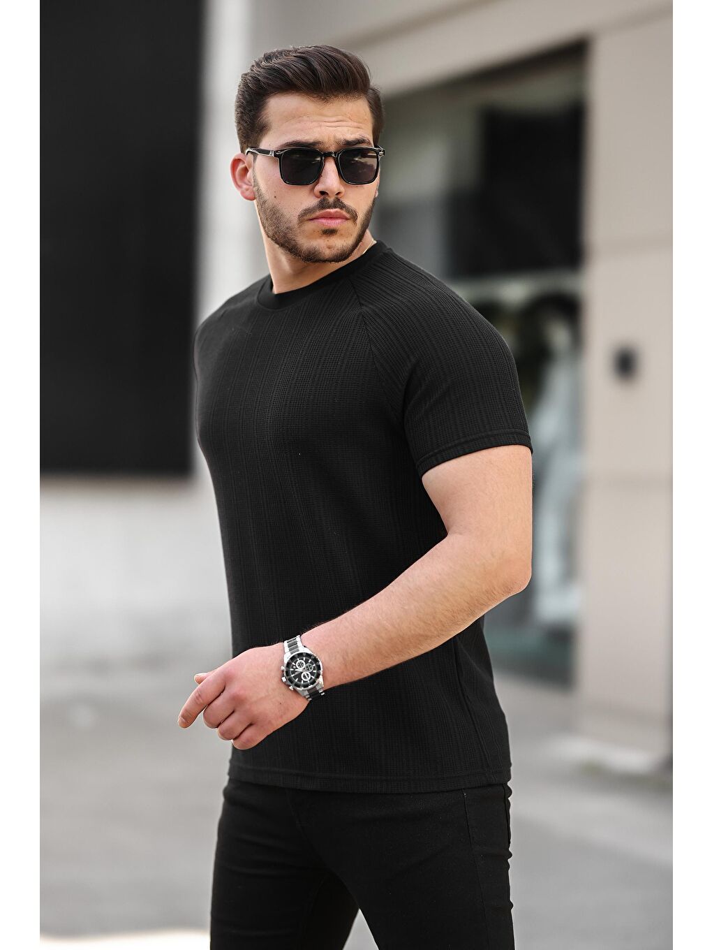 comstar Siyah Kendinden Çizgili Slim Fit Erkek Tişört - 1