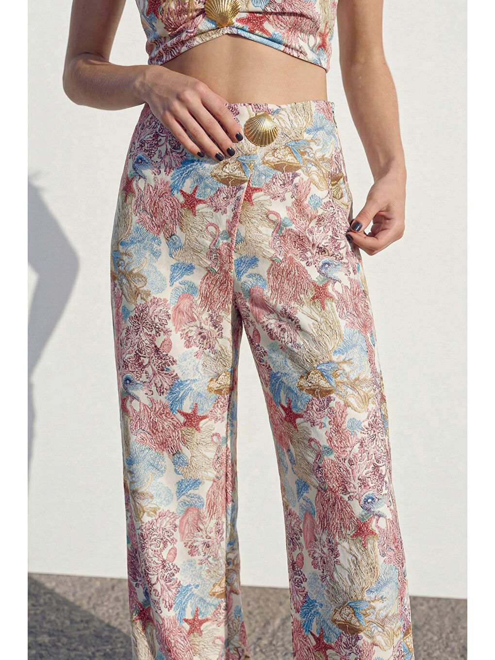 Çiçek Desenli Bol Paça Kruvaze Pantolon Pembe-2