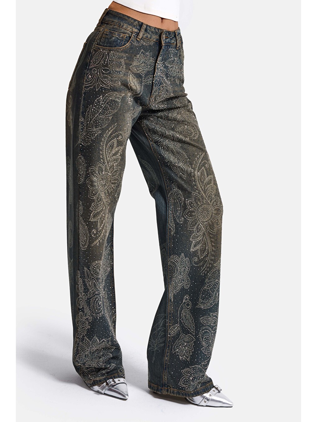 Mavi Kadın Jean Rengi T-10w6-8 Loose Fit Parlak Taş Ve Desen Tasarım Denim Jean-1