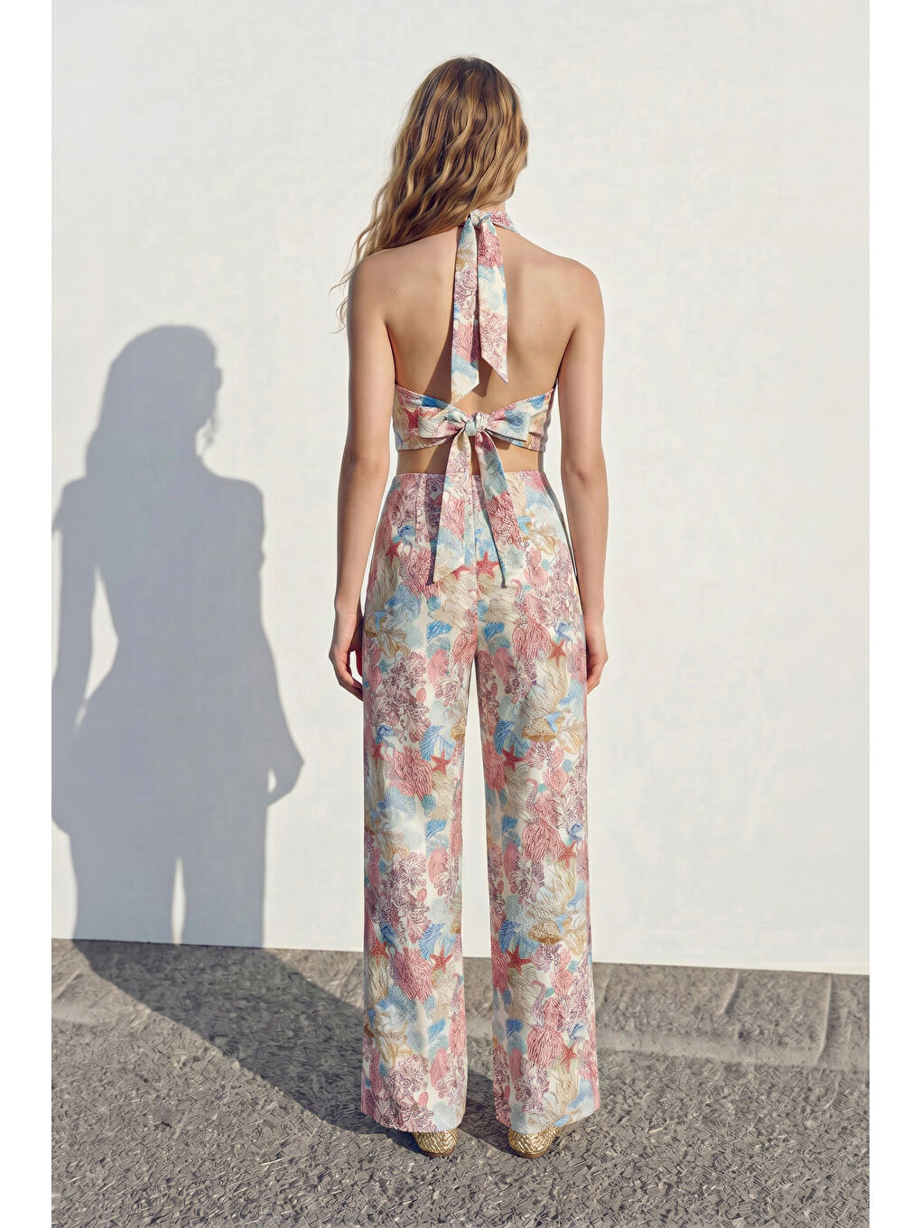 Çiçek Desenli Bol Paça Kruvaze Pantolon Pembe-3