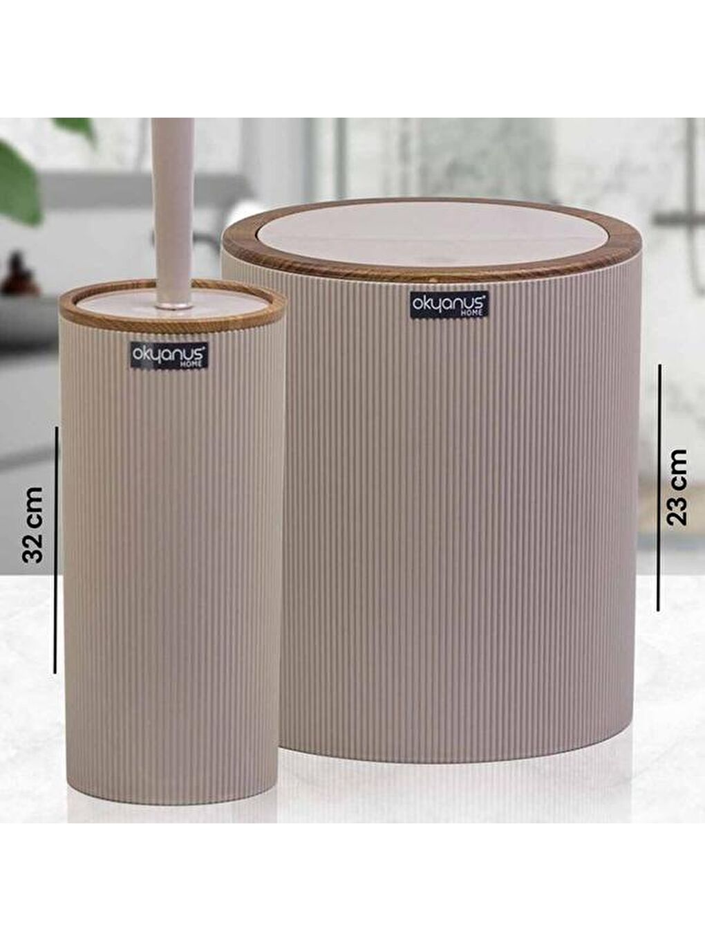 Ahşap Desenli Çizgili Yuvarlak 2'li Banyo Aksesuar Seti - Bej-1