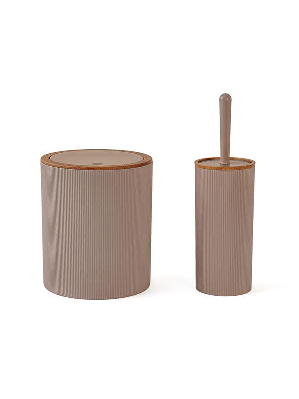 Ahşap Desenli Çizgili Yuvarlak 2'li Banyo Aksesuar Seti - Bej-3