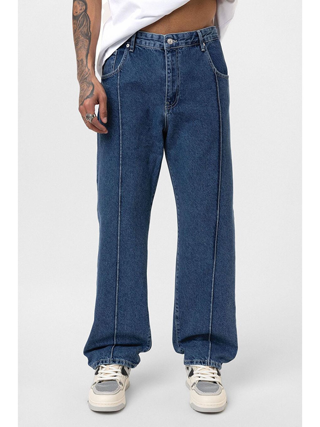 Dikiş Detaylı Relaxed Fit Jean Mavi-2