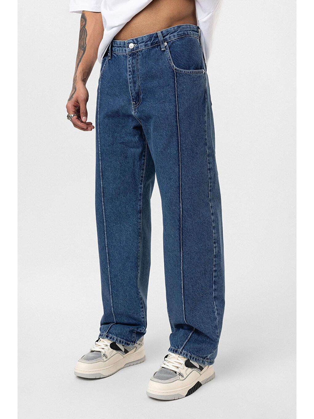Dikiş Detaylı Relaxed Fit Jean Mavi-3