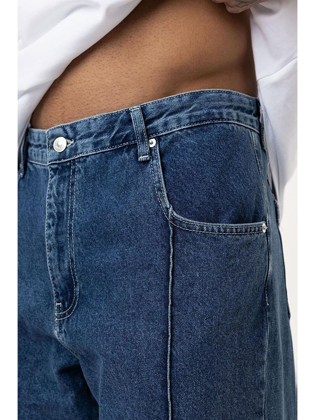 Dikiş Detaylı Relaxed Fit Jean Mavi-5