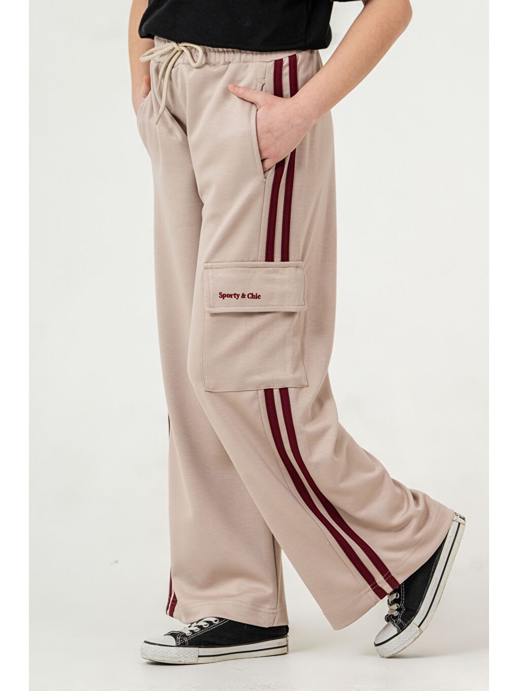 Bej Kargo Cepli Cep Kapağı Sporty & Chic Nakışlı Yanlar Biye Şeritli Kız Çocuk Eşofman Altı-3