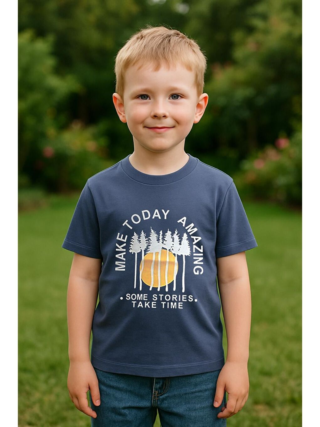 Erkek Çocuk %100 Pamuklu Baskılı Kısa Kollu Tişört - İndigo (3-4 Yaş 8-9 Yaş)