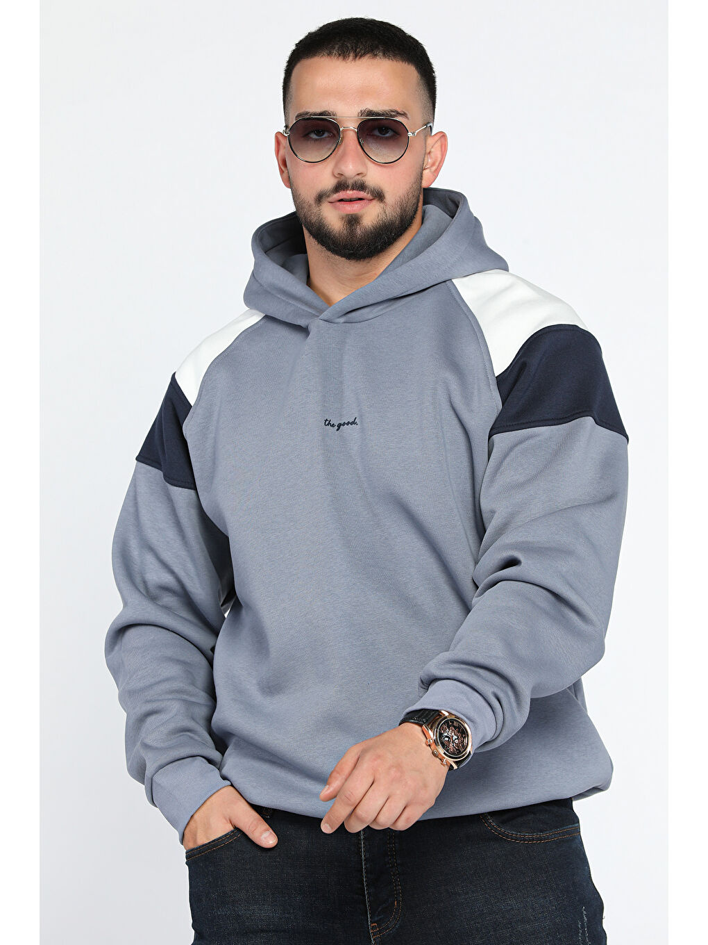 Mishar İtalia İndigo Kapüşonlu Üç İplik Şardonlu Erkek Sweatshirt