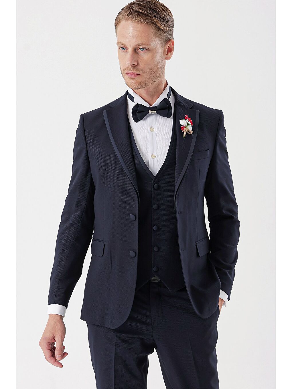 Koyu Lacivert Çıkarılabilir Mono Yaka Yelekli 6 Drop Slim Fit Smokin Damatlık Takım 1001230202