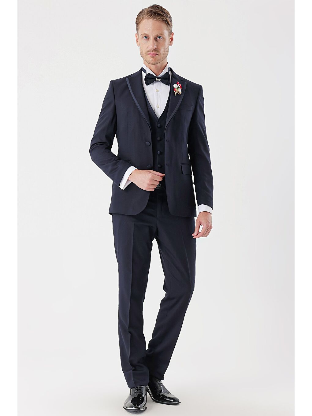 Koyu Lacivert Çıkarılabilir Mono Yaka Yelekli 6 Drop Slim Fit Smokin Damatlık Takım 1001230202-1