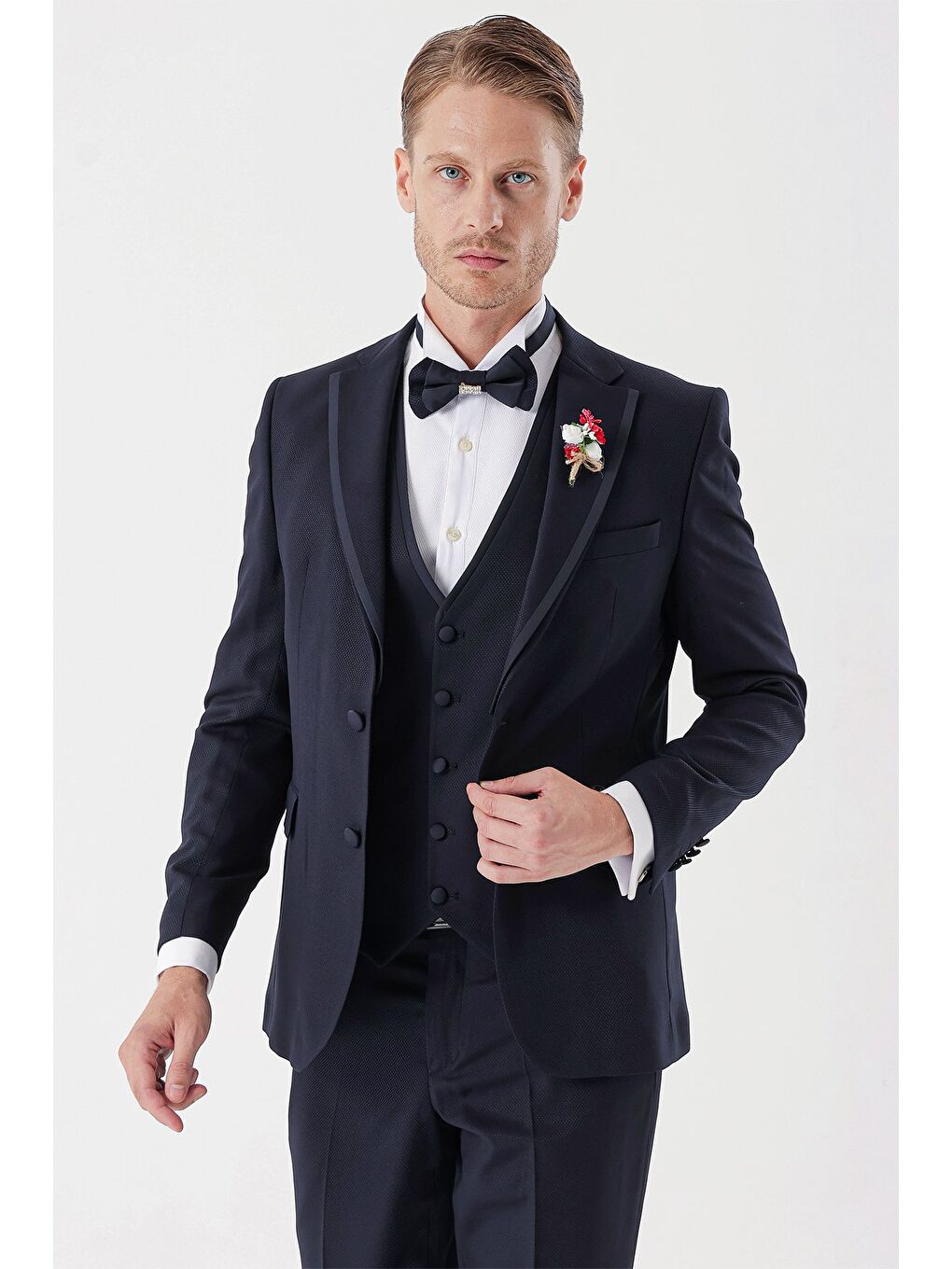 Koyu Lacivert Çıkarılabilir Mono Yaka Yelekli 6 Drop Slim Fit Smokin Damatlık Takım 1001230202-2