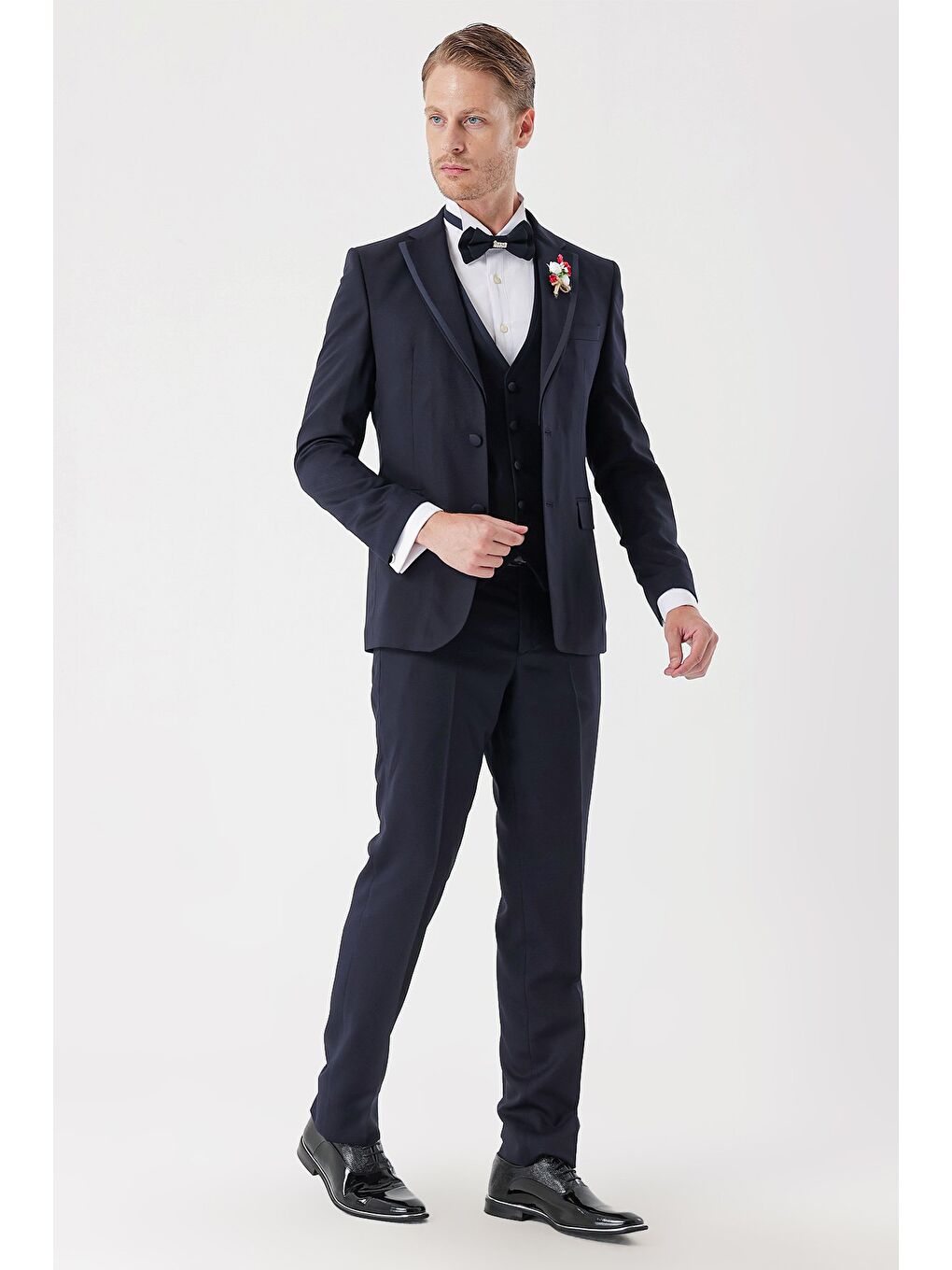 Koyu Lacivert Çıkarılabilir Mono Yaka Yelekli 6 Drop Slim Fit Smokin Damatlık Takım 1001230202-3