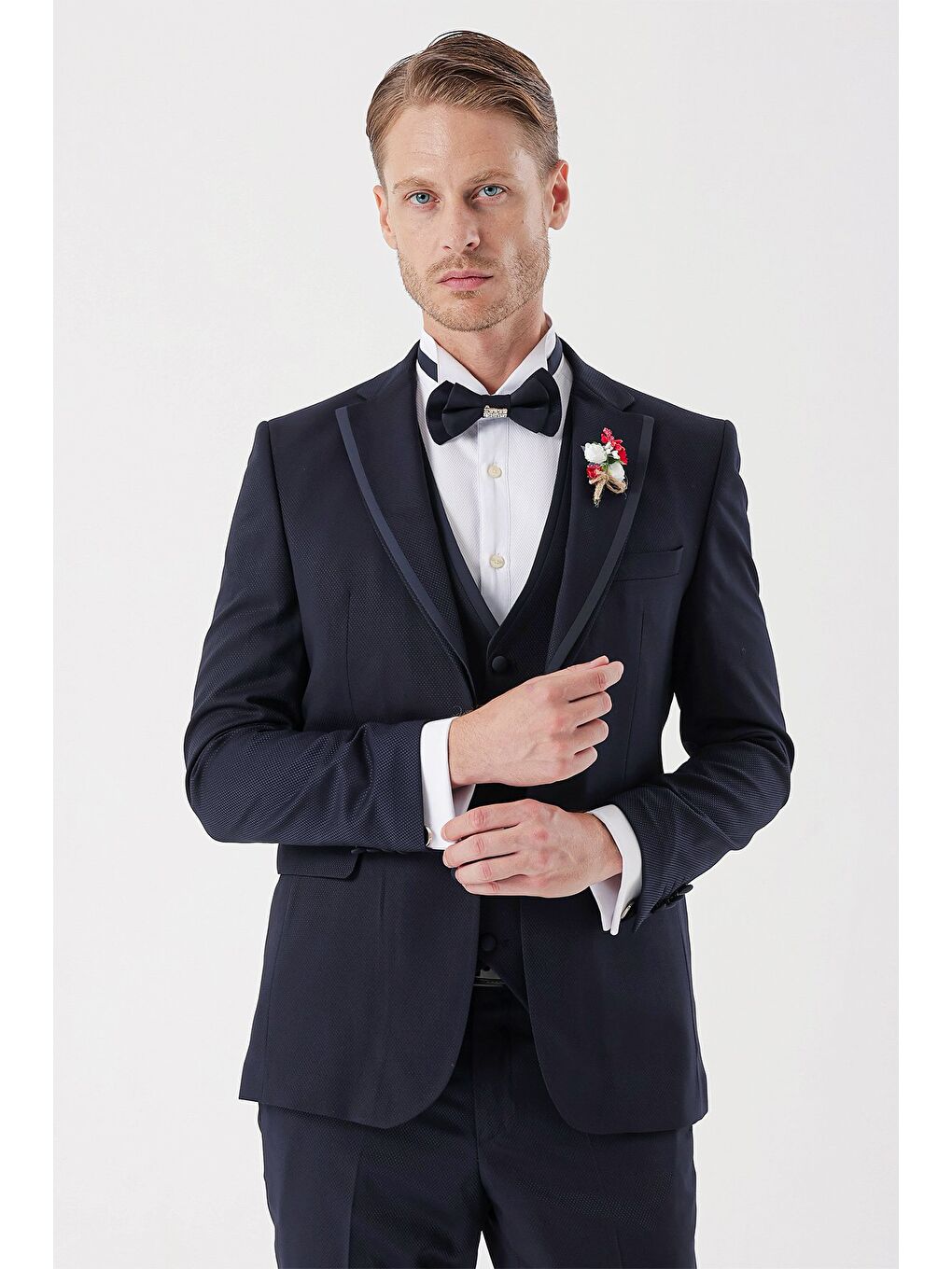 Koyu Lacivert Çıkarılabilir Mono Yaka Yelekli 6 Drop Slim Fit Smokin Damatlık Takım 1001230202-4