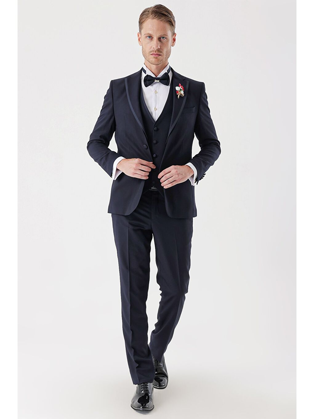 Koyu Lacivert Çıkarılabilir Mono Yaka Yelekli 6 Drop Slim Fit Smokin Damatlık Takım 1001230202-5