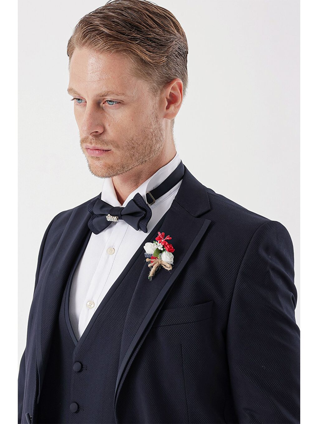 Koyu Lacivert Çıkarılabilir Mono Yaka Yelekli 6 Drop Slim Fit Smokin Damatlık Takım 1001230202-6