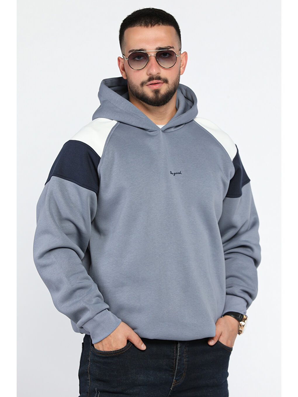 Mishar İtalia İndigo Kapüşonlu Üç İplik Şardonlu Erkek Sweatshirt - 1