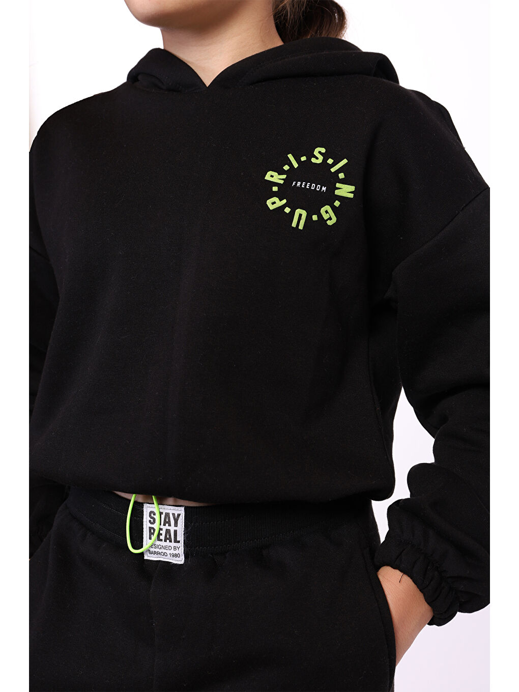 Siyah Kız Çocuk Kapüşonlu Baskılı Crop Takım-1