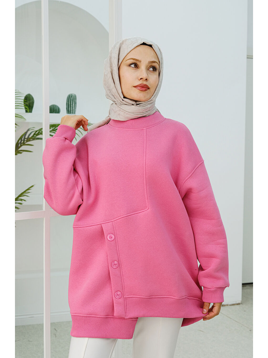 Locco Moda Ön Düğme Detay Oversize  Sweatshirt Pembe - 1