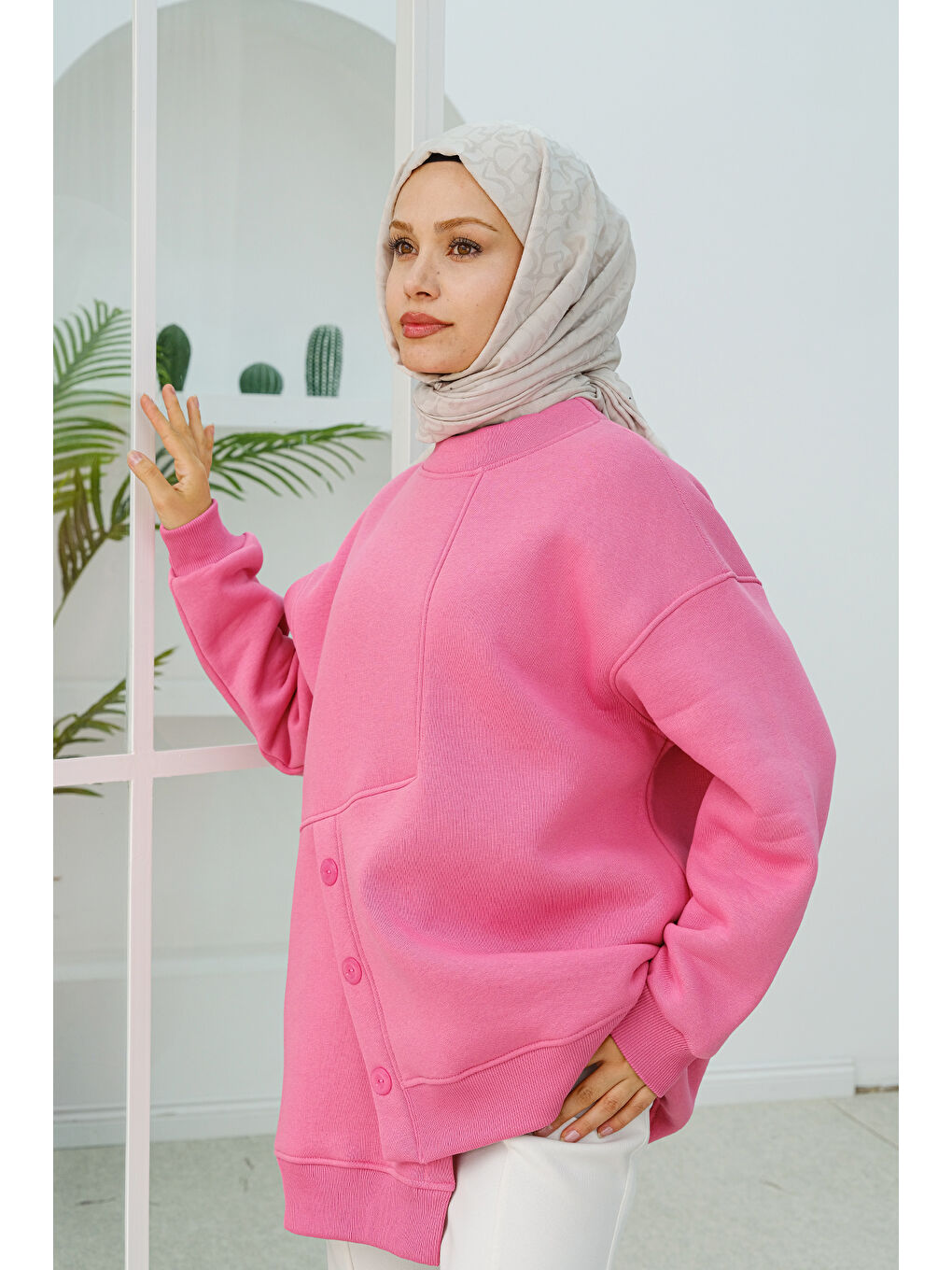 Locco Moda Ön Düğme Detay Oversize  Sweatshirt Pembe - 2