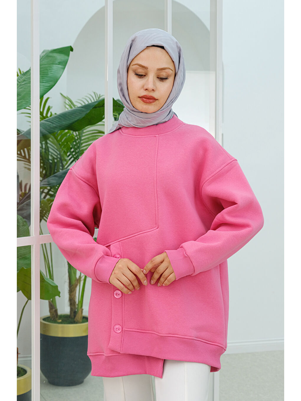 Locco Moda Ön Düğme Detay Oversize  Sweatshirt Pembe - 3